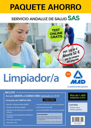 PAQUETE AHORRO Y TEST ONLINE GRATIS LIMPIADOR/A DEL SERVICIO ANDALUZ DE SALUD. A
